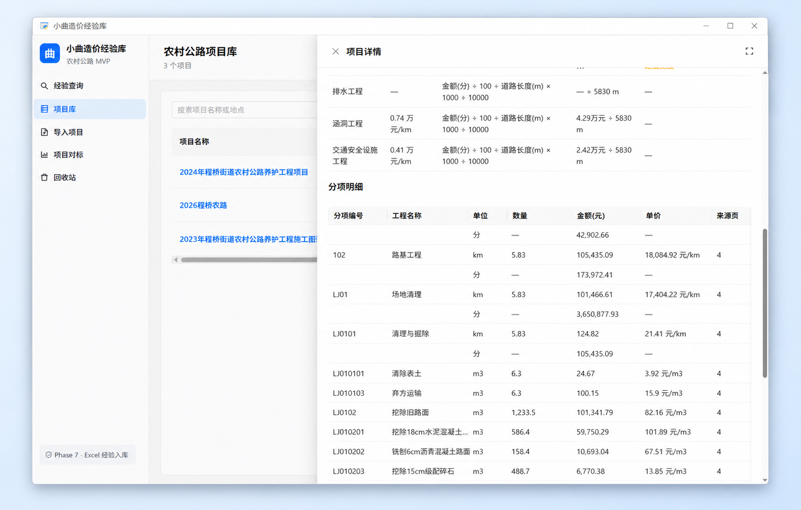 小曲造价经验库产品界面，展示公路与市政工程项目库、造价指标与分项明细